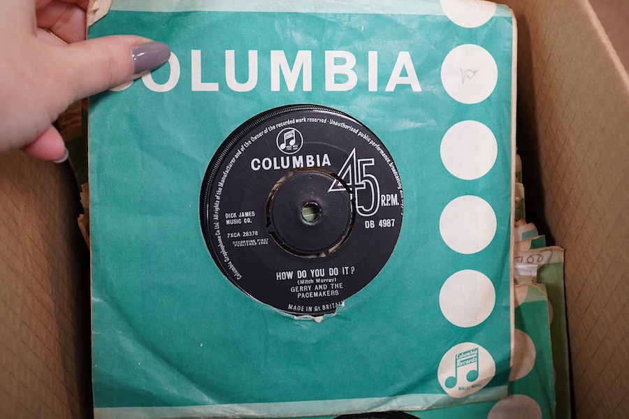 Three boxes of 7 inch singles, all on the Columbia label, artist include; the Shadows, Cliff Richard, the John Barry Seven, Michael Holliday, Frank Ifield, Helen Shapiro, Paul Anka, The Dave Clark Five, Pat Wayne, the An